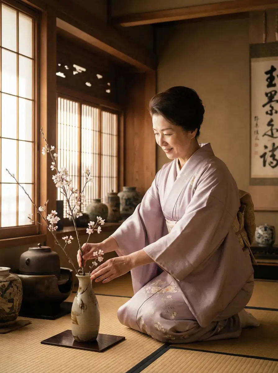 一位优雅的 白袜帝国 在和室中插花